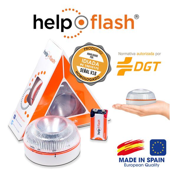 HELP FLASH - LUZ DE EMERGENCIA AUTÓNOMA, SEÑAL V16 DE PRESEÑALIZACIÓN DE PELIGRO Y LINTERNA, HOMOLOGADA, NORMATIVA DGT, V16, CON BASE IMANTADA, ACTIVA