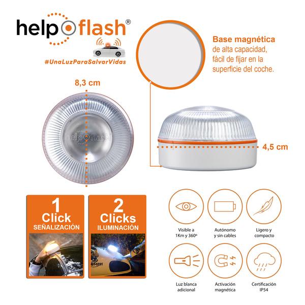 HELP FLASH - LUZ DE EMERGENCIA AUTÓNOMA, SEÑAL V16 DE PRESEÑALIZACIÓN DE PELIGRO Y LINTERNA, HOMOLOGADA, NORMATIVA DGT, V16, CON BASE IMANTADA, ACTIVA - imagen 1