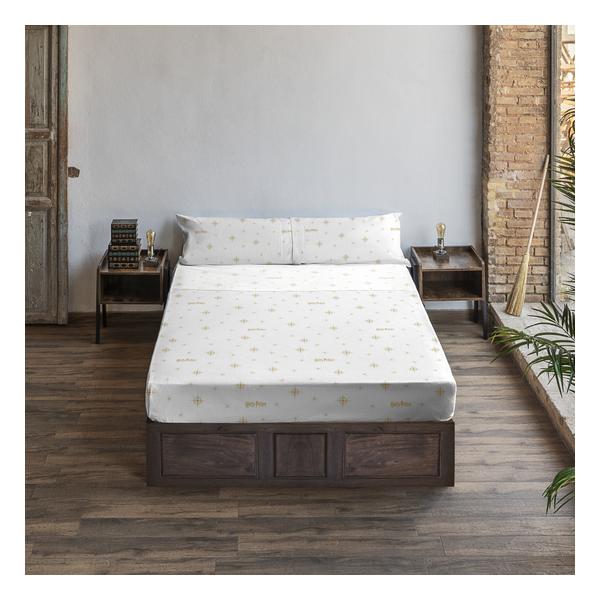 JUEGO DE SÁBANAS CON ALMOHADA Y BAJERA ESTAMPADAS 100% ALGODÓN MODELO HPOTTER STARS GOLD PARA CAMA DE 180.