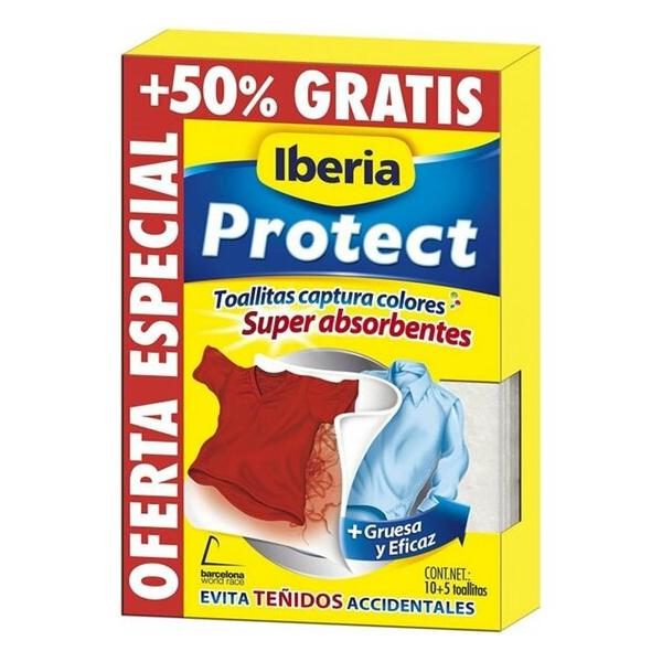 PROTECT TOALLITAS SUPER ABSORBENTES PARA ROPA DE COLOR EVITA TEÑIDOS ACCIDENTALES CAJA 15 UNIDADES