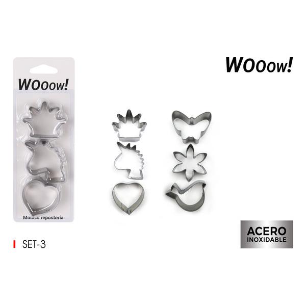 SET 3 MOLDES REPOSTERIA SURTIDO INOXIDABLE WOOOW