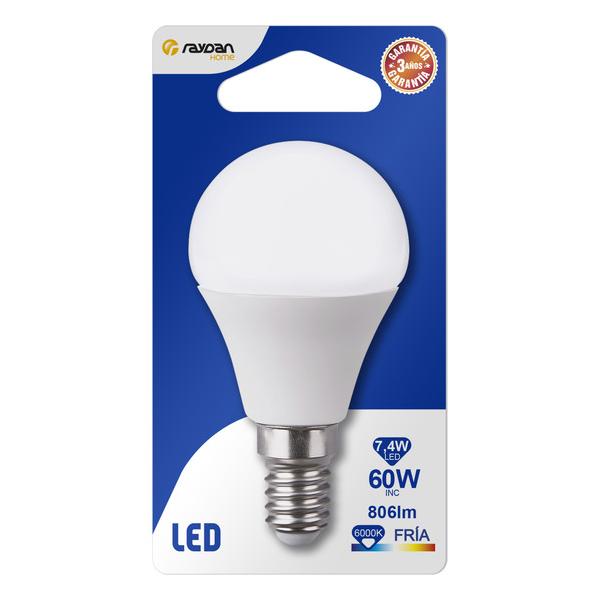 BOMBILLA LED ESFERICA G45 E14 7,4W (=60W) 806LM 6000K 15000H RAYDAN HOME BL.1