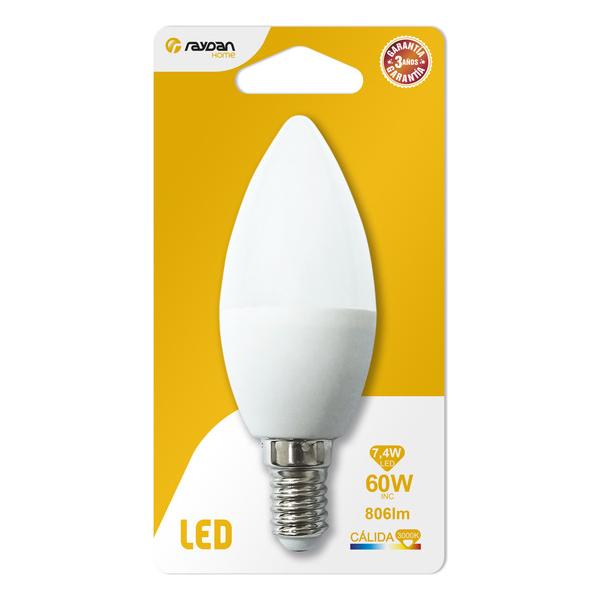 BOMBILLA LED VELA C37 E14 7,4W (=60W) 806LM 3000K 15000H RAYDAN HOME BL.1