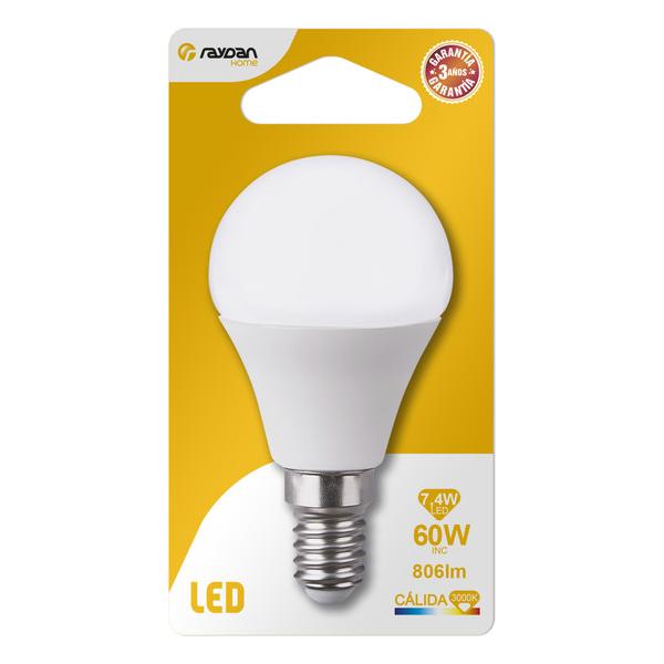 BOMBILLA LED ESFERICA G45 E14 7,4W (=60W) 806LM 3000K 15000H RAYDAN HOME BL.1