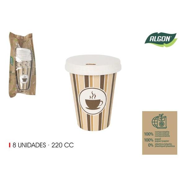 SET-8 VASO CARTON CAFE C/TAPA 220CC ALGON