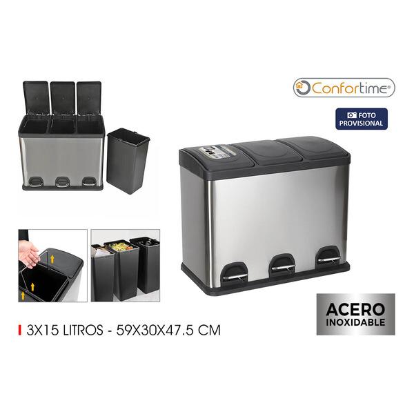 CUBO RECICLAJE SS C/PEDAL 3X15LTS CONFORTIME