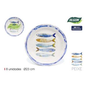 SET-8 PLATO CARTON RED.PEIXE 23CM ALGON